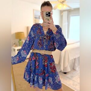 Anthropologie Blue Floral Long Sleeve Dress